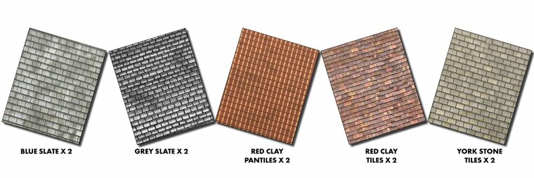 A mixed variety of card builder sheets printed in different roof styles.  Printed onto 0.5mm thick card, printed area on each s